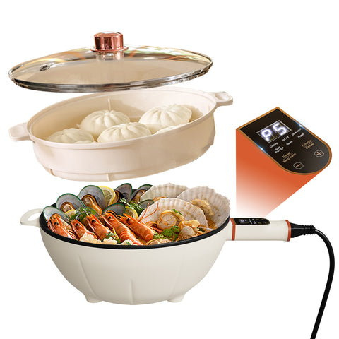 4L Electric Cooker, 1000W Electric Cooking Pot with Non-Stick Coating & Steamer, Multi-Power Settings, 12" Large Electric Hot Pot with Lid for Soup, Pasta, Frying, Stir-Fry