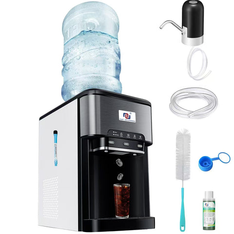 NUNET 3-in-1 Portable Ice Maker Water Dispenser Countertop Built-in Ice Machine 44lbs Ice Daily Top Loading 5 Gallon Hot Cold Water Dispenser w. 4lb Ice Storage & Cleaning Sets, Water Pump