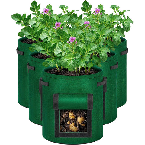 NUNET 7 Gallon Potato Grow Bags w. Double-Sided Straps, Gloves w. Claws, Neck Gaiter Mask, Heavy Duty Thickened Nonwoven Fabric Pots w. Handles, Durable Breathable Plant Container for Vegetables