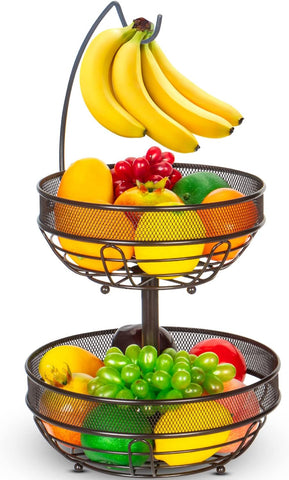 NUNET 2-Tier Fruit Basket & Bowl for Kitchen Counter - Space-Saving Modern Fruit Organizer with Detachable Banana Hanger, Countertop Storage for Fruits, Vegetables, Snacks
