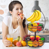 NUNET 2-Tier Fruit Basket & Bowl for Kitchen Counter - Space-Saving Modern Fruit Organizer with Detachable Banana Hanger, Countertop Storage for Fruits, Vegetables, Snacks