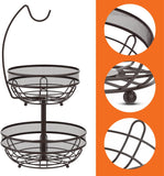 NUNET 2-Tier Fruit Basket & Bowl for Kitchen Counter - Space-Saving Modern Fruit Organizer with Detachable Banana Hanger, Countertop Storage for Fruits, Vegetables, Snacks