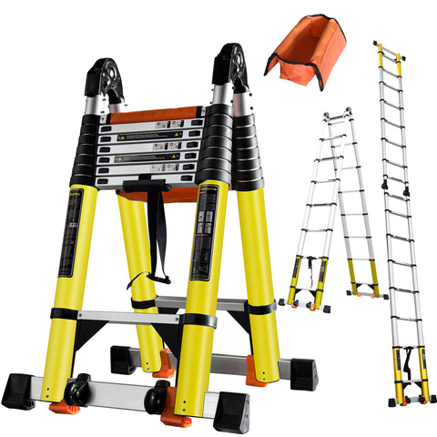 18FT/20FT A Frame Telescoping Ladder, Type-A Collapsible Extension Ladder with Double Balance Bar & Wheels, 330lbs Capacity, EN131 Certified Portable Aluminum Step Ladder (8+8Foot Step) Includes Tools Bag