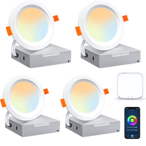 LED Recessed Ceiling Lighting 4 Inch Smart WiFi Chage Color Temperature White/Warm/Cold White Ultra-Thin Recessed Light Dimmable Outdoor Downlight 10W 1000LM High Brightness Works w. Alexa