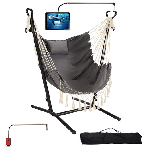 Hammock with Stand Included Heavy Duty Double Swing Chair Outdoor/Indoor w. Pillow & Cellphone/Tablet Holder Macrame Handmade Adjustable Portable Confortable Patio Yard Porch Chair 400lbs Capacity
