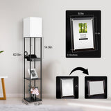 NUNET Floor Lamp w. Shelves Charging Station w. 2 AC Outlets & 2 USB Ports 3 Color Temperature Warm/Cool/Daylight White & Acrylic Photo Frame Living Room/Bedroom Shelf Light