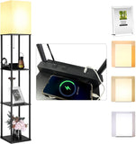 NUNET Floor Lamp w. Shelves Charging Station w. 2 AC Outlets & 2 USB Ports 3 Color Temperature Warm/Cool/Daylight White & Acrylic Photo Frame Living Room/Bedroom Shelf Light