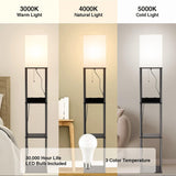 NUNET Floor Lamp w. Shelves Charging Station w. 2 AC Outlets & 2 USB Ports 3 Color Temperature Warm/Cool/Daylight White & Acrylic Photo Frame Living Room/Bedroom Shelf Light