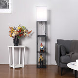 NUNET Floor Lamp w. Shelves Charging Station w. 2 AC Outlets & 2 USB Ports 3 Color Temperature Warm/Cool/Daylight White & Acrylic Photo Frame Living Room/Bedroom Shelf Light