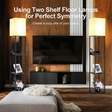 NUNET Floor Lamp w. Shelves Charging Station w. 2 AC Outlets & 2 USB Ports 3 Color Temperature Warm/Cool/Daylight White & Acrylic Photo Frame Living Room/Bedroom Shelf Light