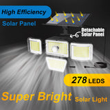 PIR Motion Detection Lights Detachable 1.5W Solar Panel 4 Heads Outdoor Security Lamp 3 Modes w. Remote NUNET 278 LEDs IP65 Waterproof 270° Wide Angle Flood Wall Lights for Garage Yard