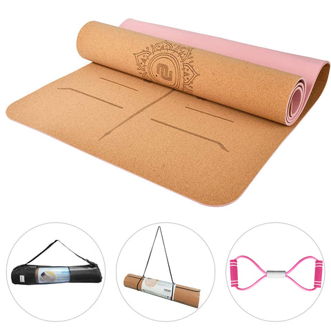 Numat Cork Yoga Mat 6mm Thick 72 x 24 in, Sweatproof NonSlip Eco-friendly, Lightweight TPE foam with Alignment Lines, Great for Hot Yoga, Pilates, Gym and Exercise, Black Carrying Bag w. Strap Included