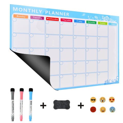 Roll over image to zoom in Magnetic Soft Whiteboard Monthly/Weekly Calendar Planner A3 Size 16"x12" w. Dry Erase Markers Eraser Emoji Faces Home Office Kitchen Flexible Magnet Paper White Dry Erase Board for Fridge Wall