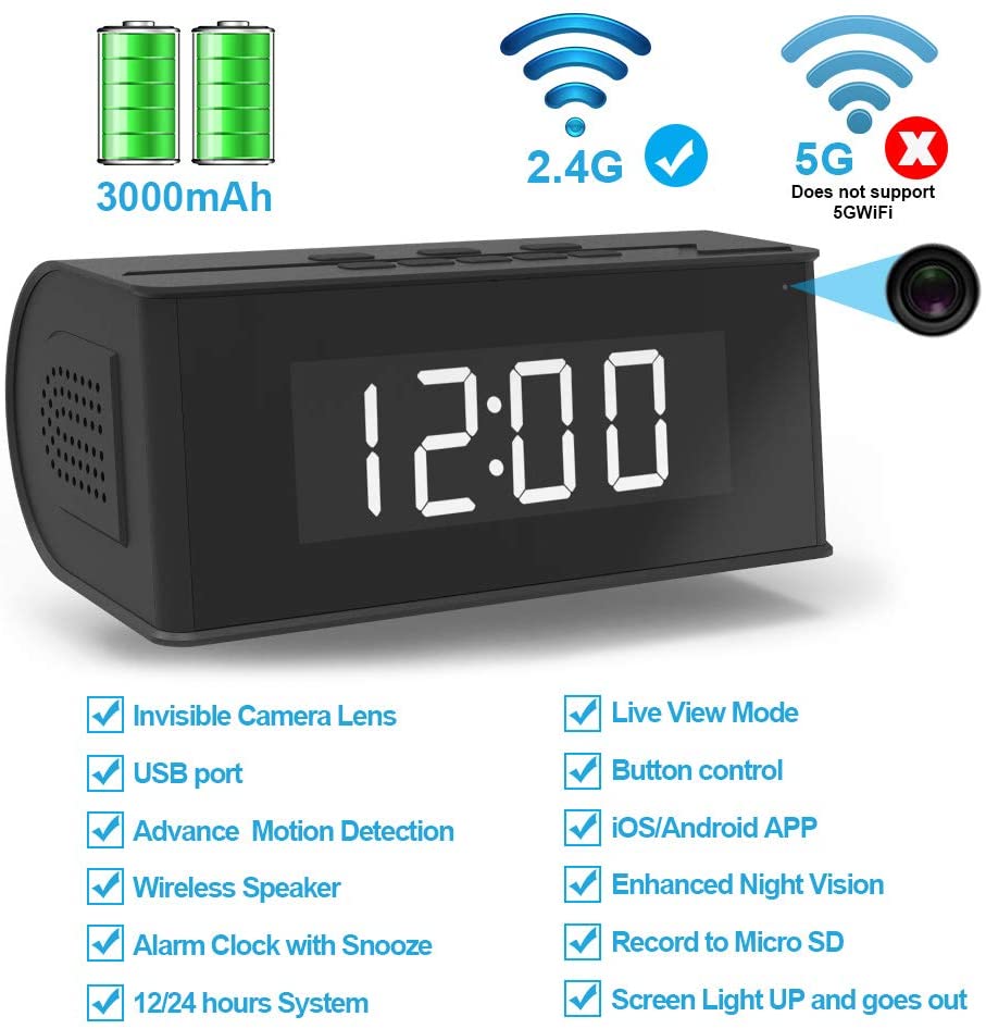Hidden Camera WiFi Alarm Clock, Wireless Speaker Covert Camera
