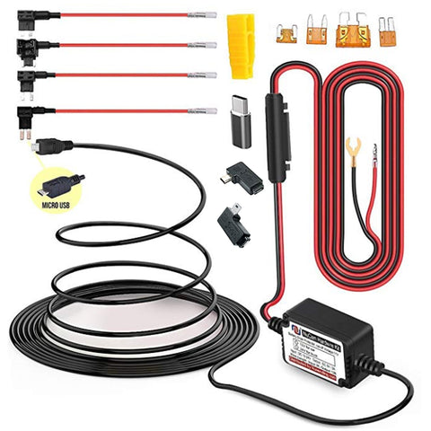 15ft Micro USB & Mini USB Dash Cam &Type-C Hardwire Kit w. Mini(ACS)/LP Mini(ACN)/ATO(ATC or ACU)/Micro2(ACZ) Fuse, Micro to Mini/USB-C Port Adapters & 11.9V Real Battery Drain Protection