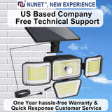 PIR Motion Detection Lights Detachable 1.5W Solar Panel 4 Heads Outdoor Security Lamp 3 Modes w. Remote NUNET 278 LEDs IP65 Waterproof 270° Wide Angle Flood Wall Lights for Garage Yard