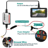 15ft Micro USB & Mini USB Dash Cam &Type-C Hardwire Kit w. Mini(ACS)/LP Mini(ACN)/ATO(ATC or ACU)/Micro2(ACZ) Fuse, Micro to Mini/USB-C Port Adapters & 11.9V Real Battery Drain Protection