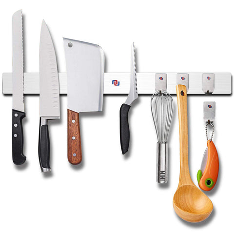 NUNET 16 Inch Stainless Steel Magnetic Knife Bar including 4 Hanger Hooks, Strong Magnet as Knife Rack/Strip, Kitchen Utensil Hanger, Garage Tool Holder & Home Organizer