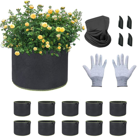 Plant Grow Bags 10Pack 7 Gallon,Thickened Nonwoven Aeration Fabric Pots with Reinforced Handles,Heavy Duty Plant Grow Bag for Gardening,Garden Gloves and Mask Included