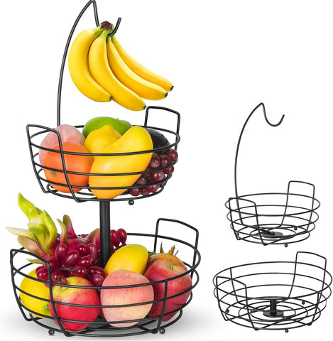 2 Tier Fruit Basket Banana Hanger- Fruit Bowl for Kitchen with Banana Hanger, Bread Snack Bowl for Kitchen Counter Bread Basket Fruit Holder