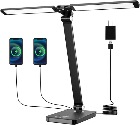 NUNET Double Head LED Desk Lamp, 10W Dimmable Piano Stand Light with Dual Swing Arms, USB Charging Ports, Battery Powered Cordless Table Lamp for Upright Piano, Music Stand, Camping, Home & Office