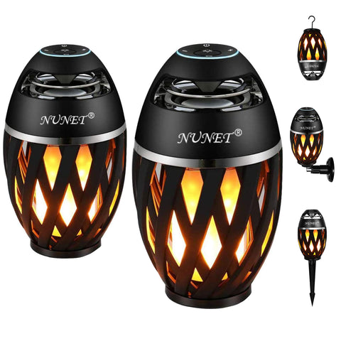 NUNET Outdoor Bluetooth Speakers w. Flickering Flame Tiki Torch TWS 5W Wireless Loud Sound System w. Stakes Wall Mounts Waterproof Lantern Patio/Yard Decoration, 2 Pack/Black