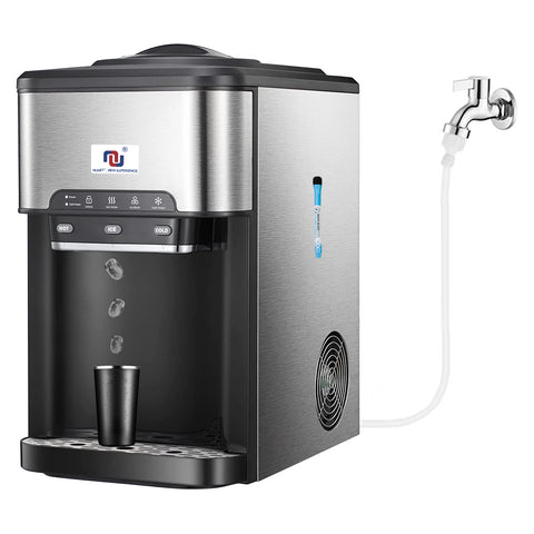 Portable Ice Maker Water Cooler Dispenser 3-in-1, Countertop Model with Built-in Ice Maker, Includes 10 Ft Water Inlet Hose, Produces 44 lbs of Ice Daily, 4lb Ice Storage (Ice Maker w. Water Line)