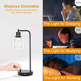 Dimmable Table Lamp with Glass Shade 2 USB Charging Ports, Vintage Bedside Reading Light Industrial Lamp Stepless Dimmable Nightstand Lamp 9W LED + 6W Edision Light Bulbs Included (2PCS LED Bulb)
