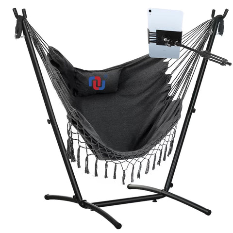 NUNET Hammock Chair with Stand Phone/Tablet Holder Included Portable Double Swing Chair Adjustable Height Steel Stand Macrame w. Pillow Indoor Outdoor Balcony Patio 300lbs Capacity (2024 Upgraded)