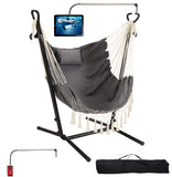 Hammock with Stand Included Heavy Duty Double Swing Chair Outdoor/Indoor w. Pillow & Cellphone/Tablet Holder Macrame Handmade Adjustable Portable Confortable Patio Yard Porch Chair 400lbs Capacity