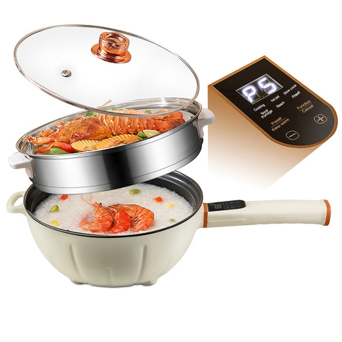 4L Smart Hot Pot 1000W Electric w. Stainless Steel Steamer Non-Stick Coating Multi-Power & Timer Control Handle 12" Big Smart Skillet w. Tempered Glass Lid for Rice Soup Pasta Egg Frying