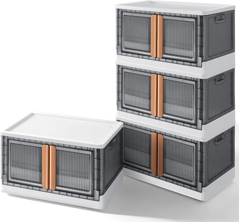 NUNET 76QT Extra Large Stackable Closet Organizer Foldable Storage Boxes w. Lids 3 * 19Gal Clear Collapisble Movable Dismountable Storage Bin, Open Front Doors & Wheels