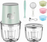 Portable Cordless Electric Baby Food Processor/Mini Food Chopper Rechargeable 0.3L/0.6L 2 Glass Containers Included for Dicing, Mincing&Pure Vegetable/Fruit/Meat w. 3 Baby Food Containers&Spoon
