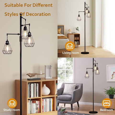 Trihead Tree Floor Lamp w. Stepless Dimming, Vintage Dimmable Standing Light for Living Room/Office, 3x Edison Bulbs Incl.