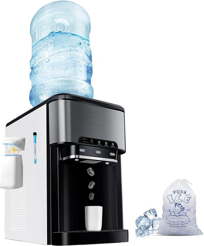 NUNET 3-in-1 Portable Water Cooler Dispenser Built-in Ice Maker Countertop 44lbs Ice Daily Top Loading 5 Gallon Water Dispenser w. 4lb Ice Storage & Stainless Steel Tumbler