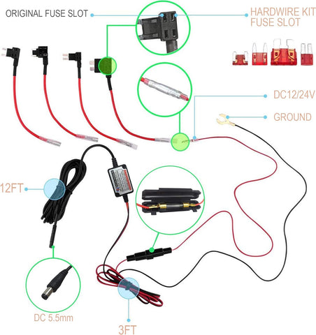 15ft Car Dash Cam Hardwire Kits,DC 5.5mm Head Charge Cable Tools w