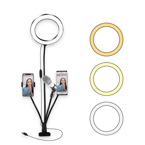 NUNET 8" Selfie Ring Lamp Clamp with Cellphone/iPad/Webcam Mount & Microphone Holder Stand 4-in-1 Adjustable Brightness Light for Live Stream & Makeup