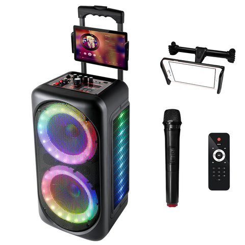 Karaoke Machine w. Microphone & Tablet Holder Rechargeable Wireless Portable Party Bluetooth Trolley Speaker Outdoor Amplifier System 8" x2 Dual Speakers 3-Side LED Disco Lights NuBoom