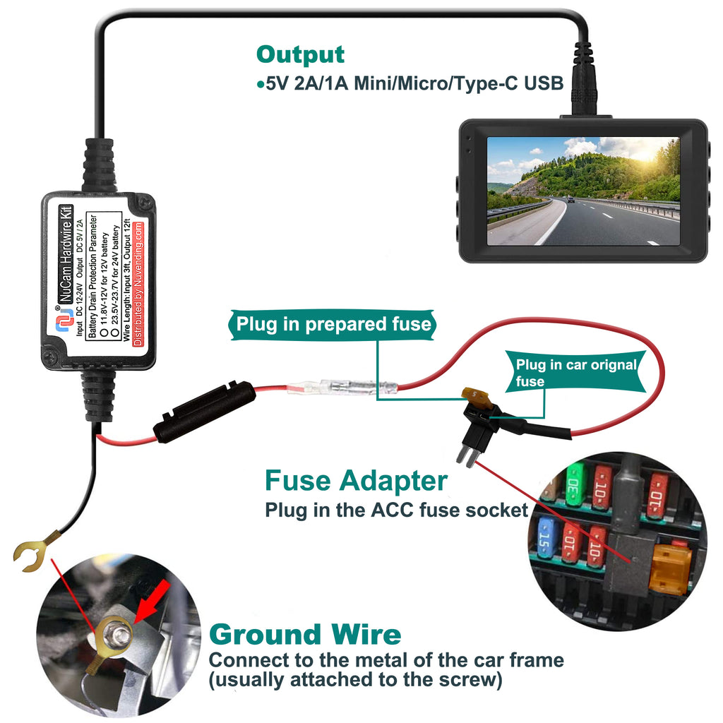 Kit Cablaggio Dashcam Installation Near Me GKU Hardwire Kit Cablato Per Dash Cam Versione, Porta Di Tipo C, Monitoraggio Del Parcheggio Con Protezione Da Bassa Tensione,12V-24V A 5V/3A, 3.5 Metri Auto Dashcam